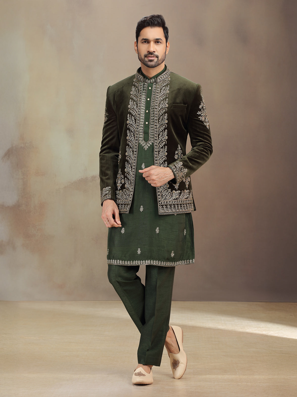 Green wedding wear velvet indowestern for men