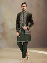 Green wedding wear velvet indowestern for men