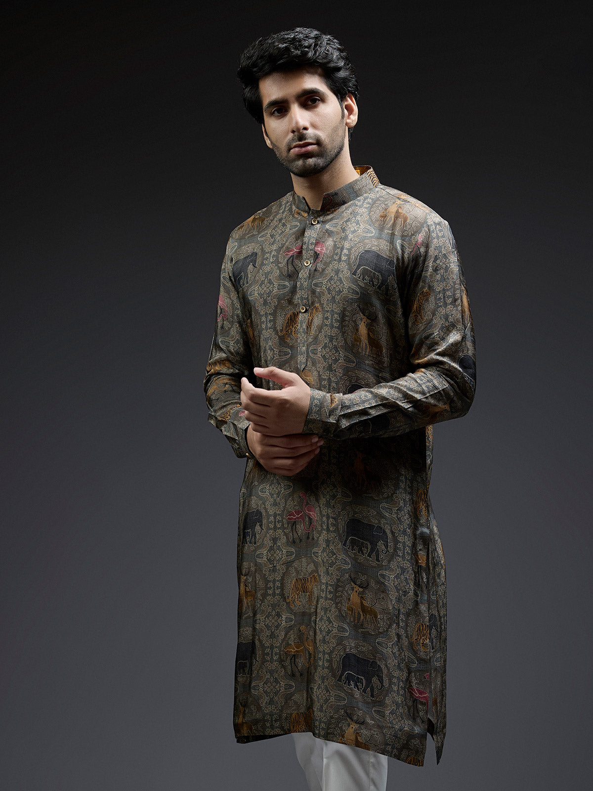 Grey ajarakh printed silk kurta suit for men