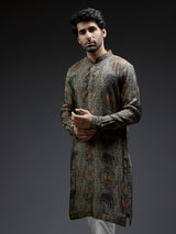 Grey ajarakh printed silk kurta suit for men