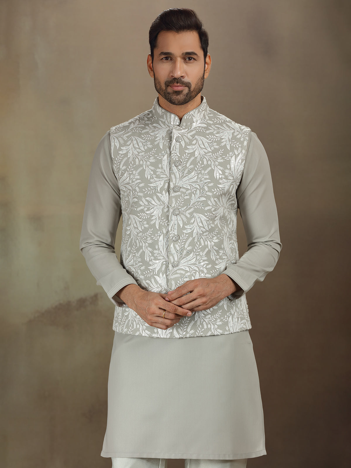 Grey cotton silk embroidered waistcoat set