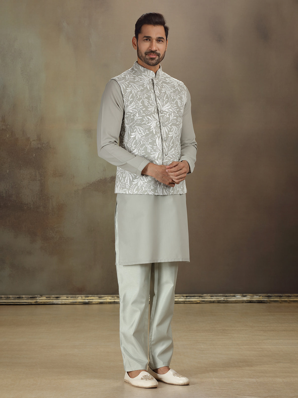 Grey cotton silk embroidered waistcoat set