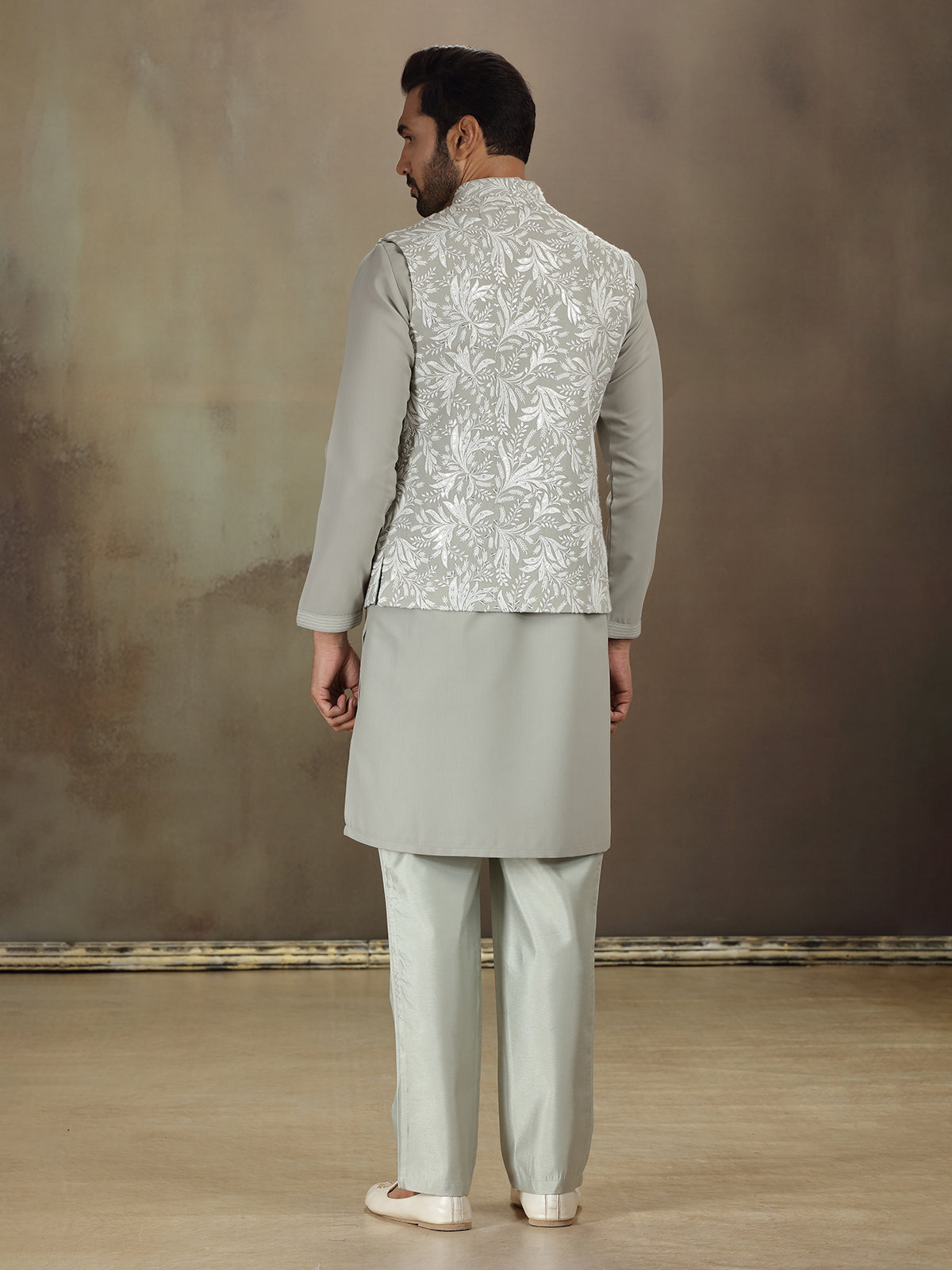 Grey cotton silk embroidered waistcoat set