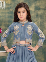 Grey crepe silk jacket style lehenga choli