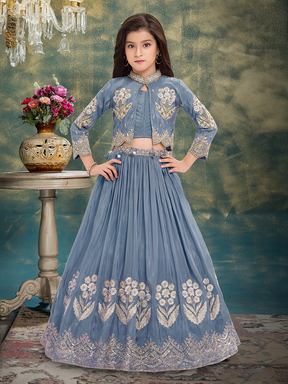 Grey crepe silk jacket style lehenga choli