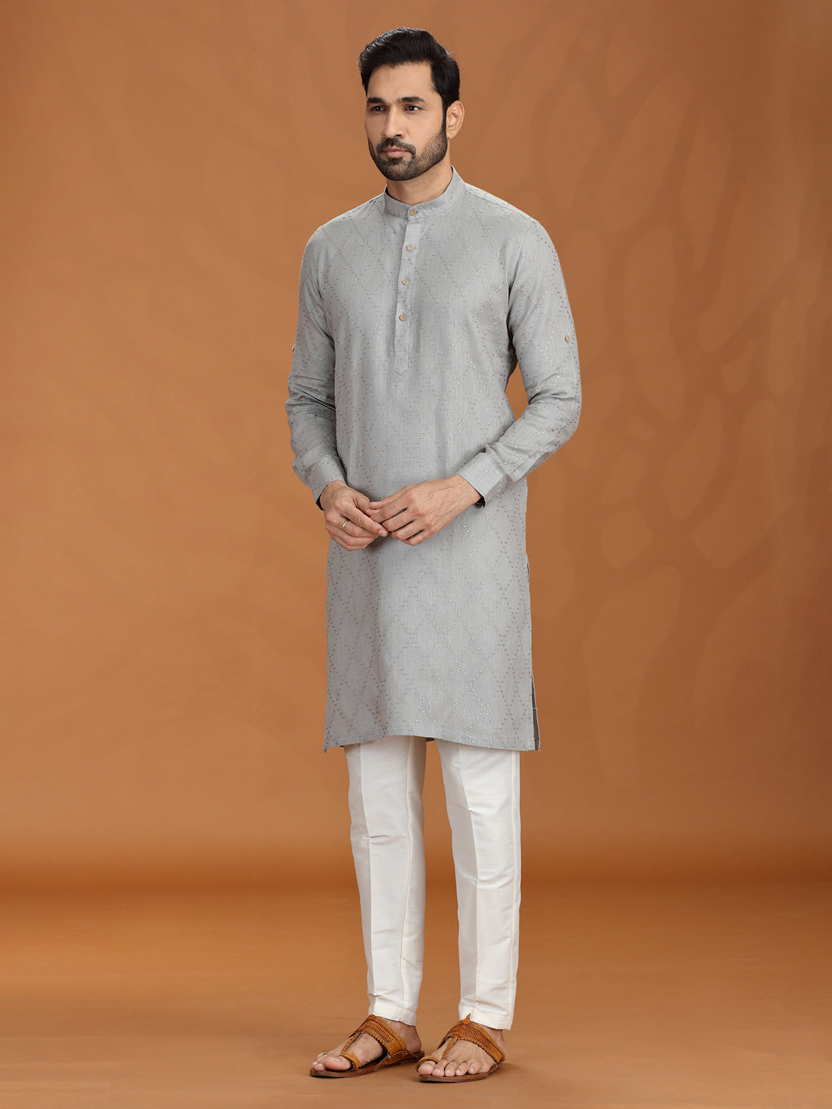 Grey embroidered linen festive kurta set