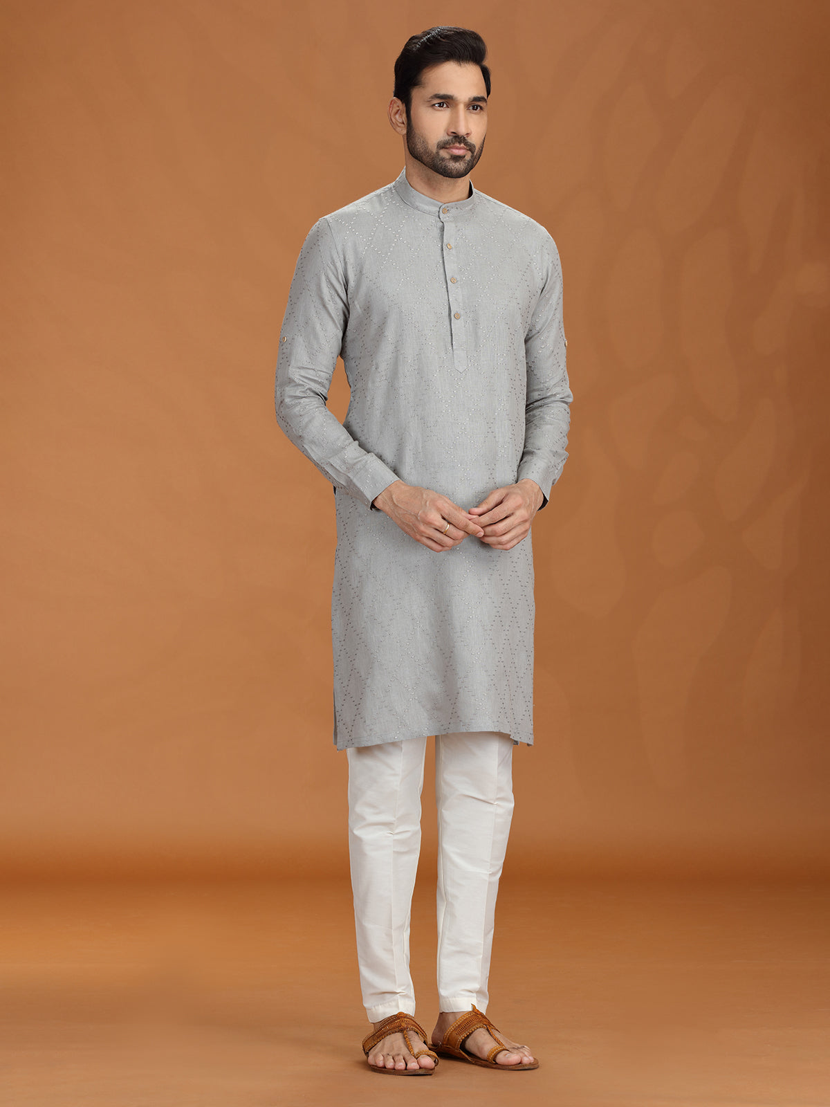 Grey embroidered linen festive kurta set