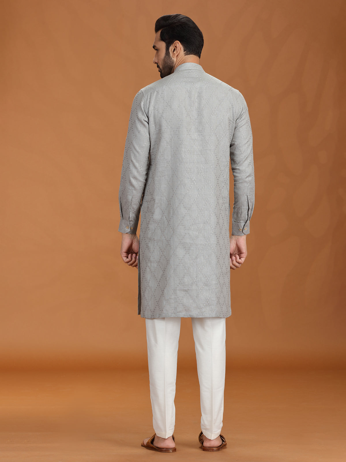 Grey embroidered linen festive kurta set