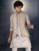 Grey silk embroidered and sequined waistcoat set ensemble