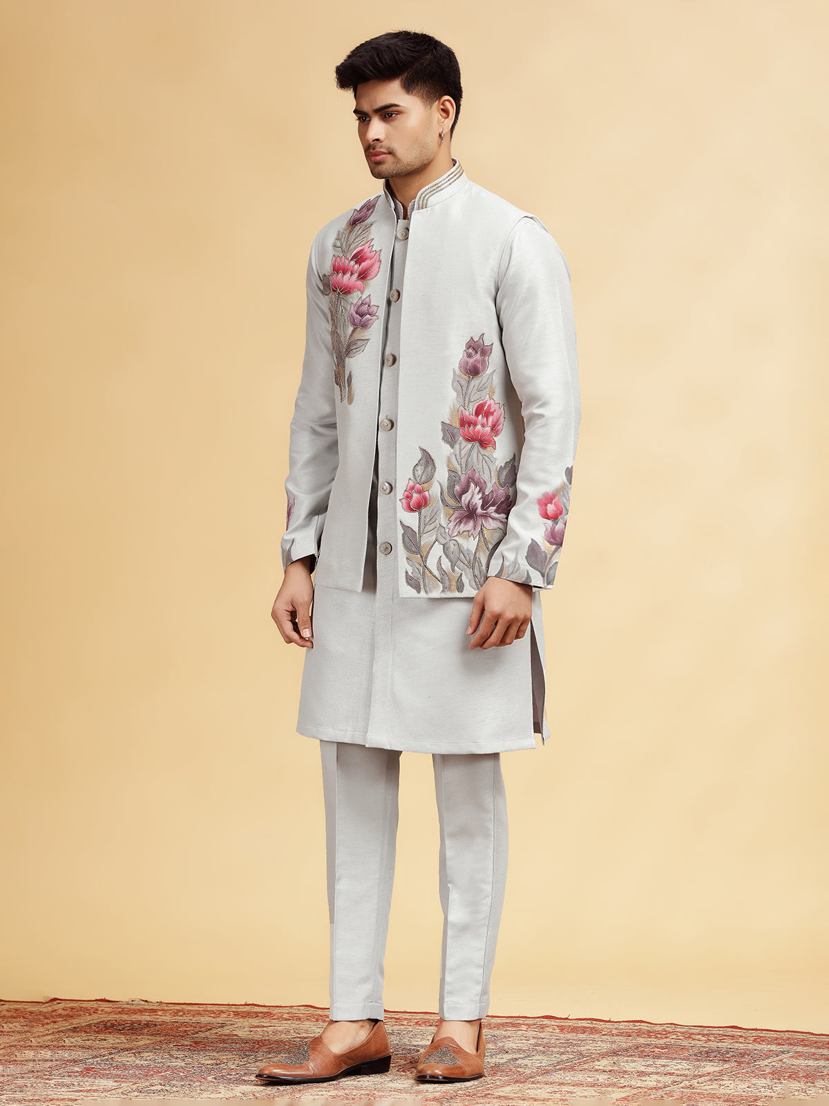Grey silk printed waistcoat set with cutdana work