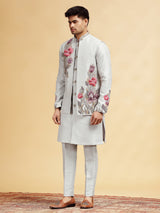Grey silk printed waistcoat set with cutdana work