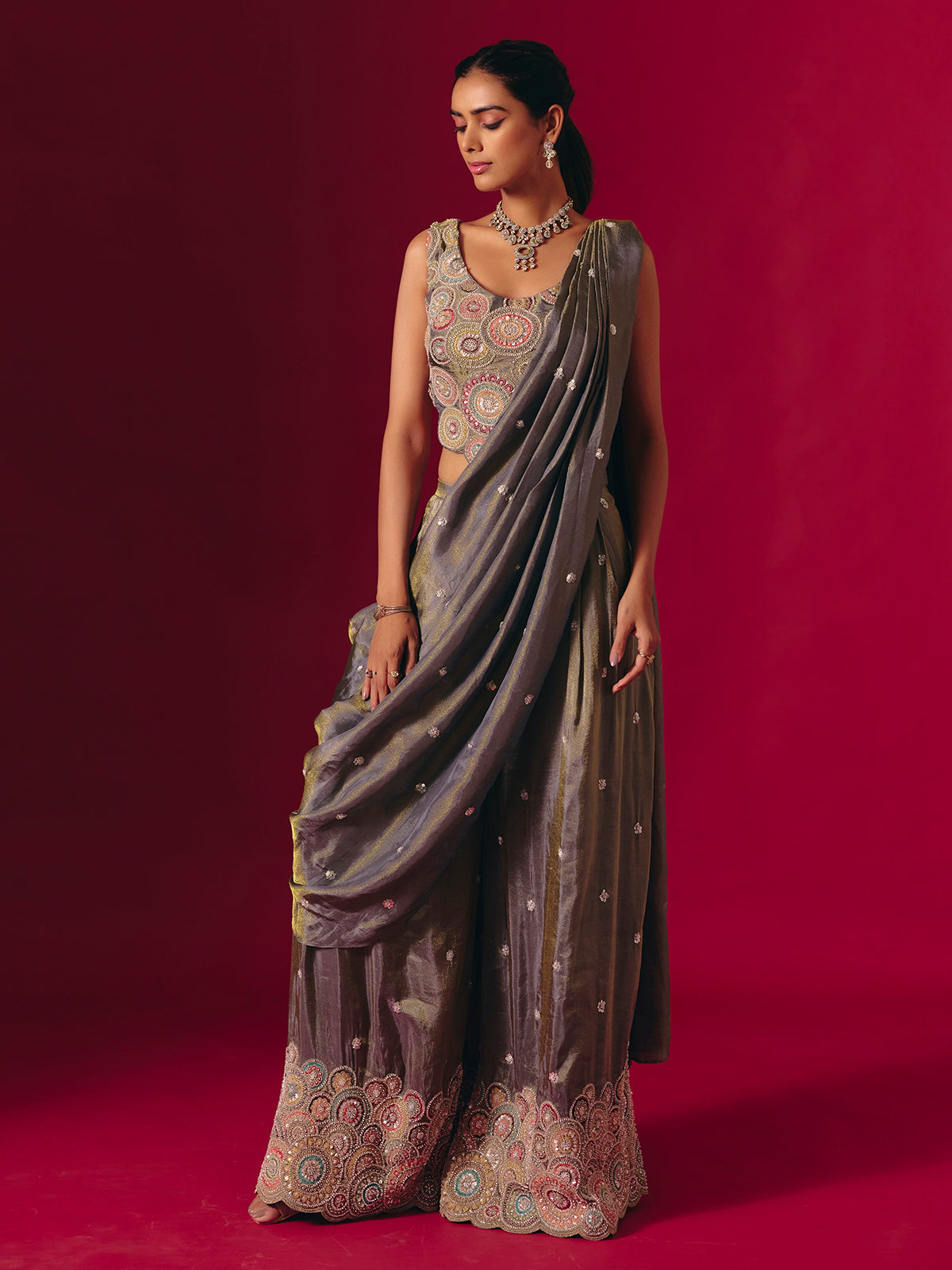 Grey silk sequinned designer palazzo suit for receptions
