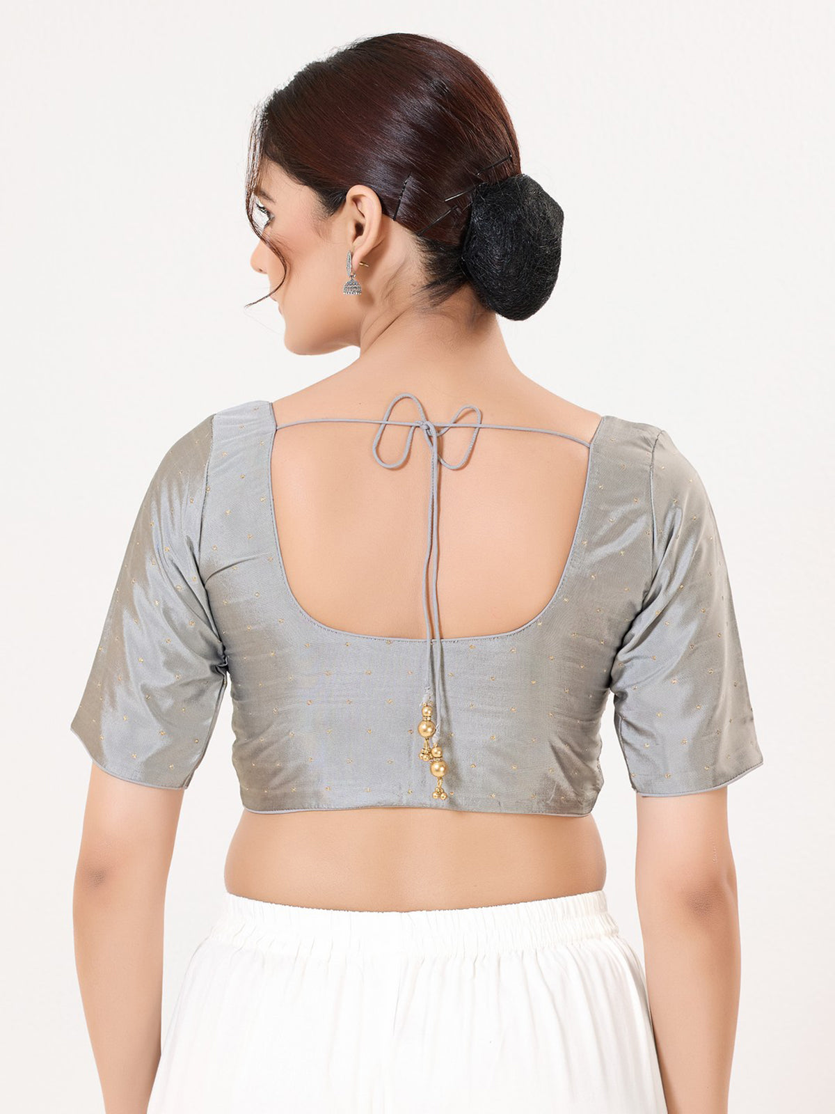 Grey tafeta silk zari traditional saree blouse