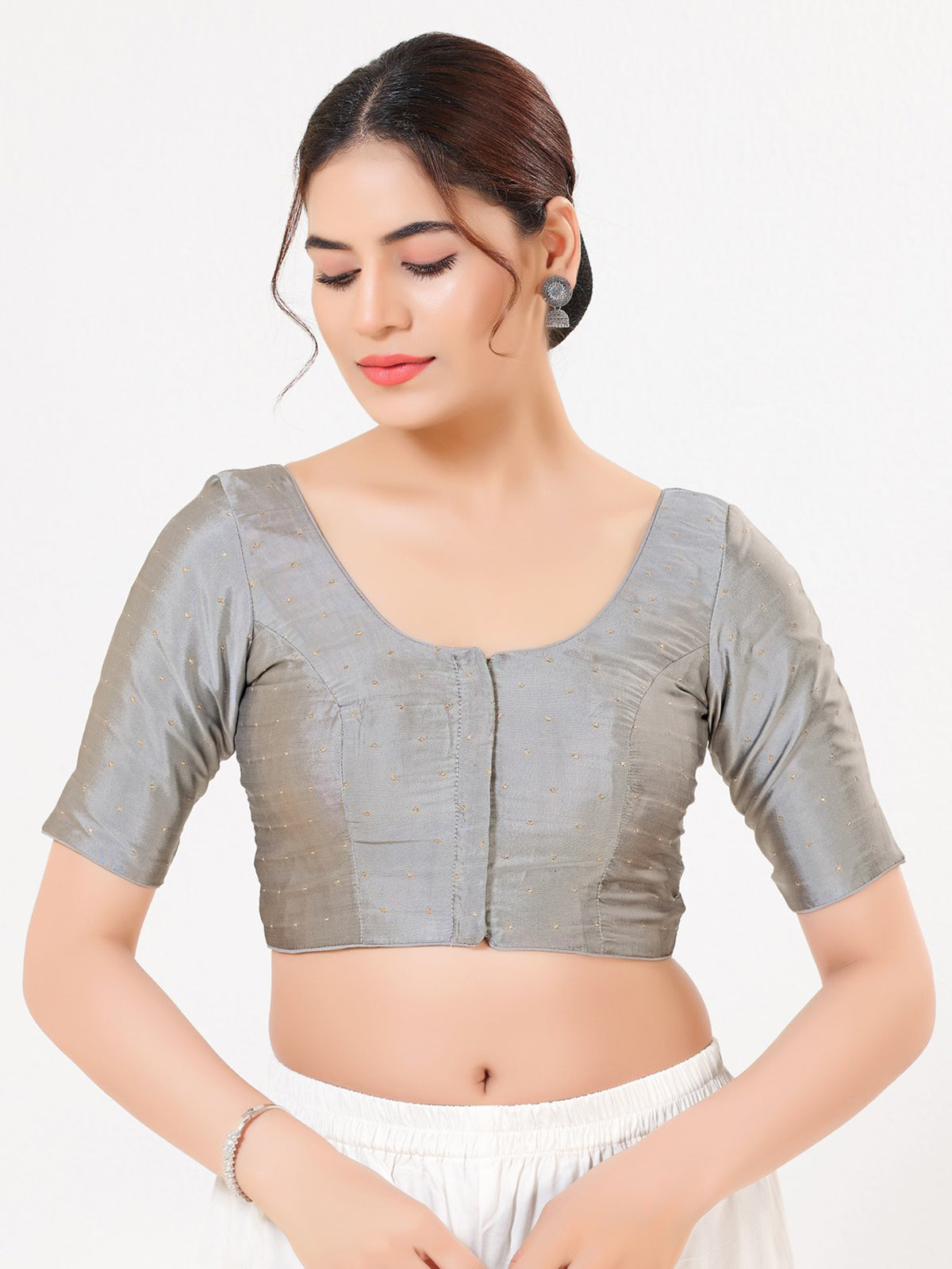 Grey tafeta silk zari traditional saree blouse