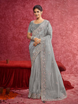Grey wedding wear saree in tissue silk