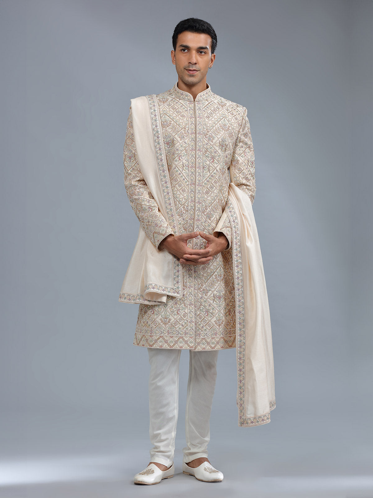 Groom style raw silk cream raw silk sherwani for men