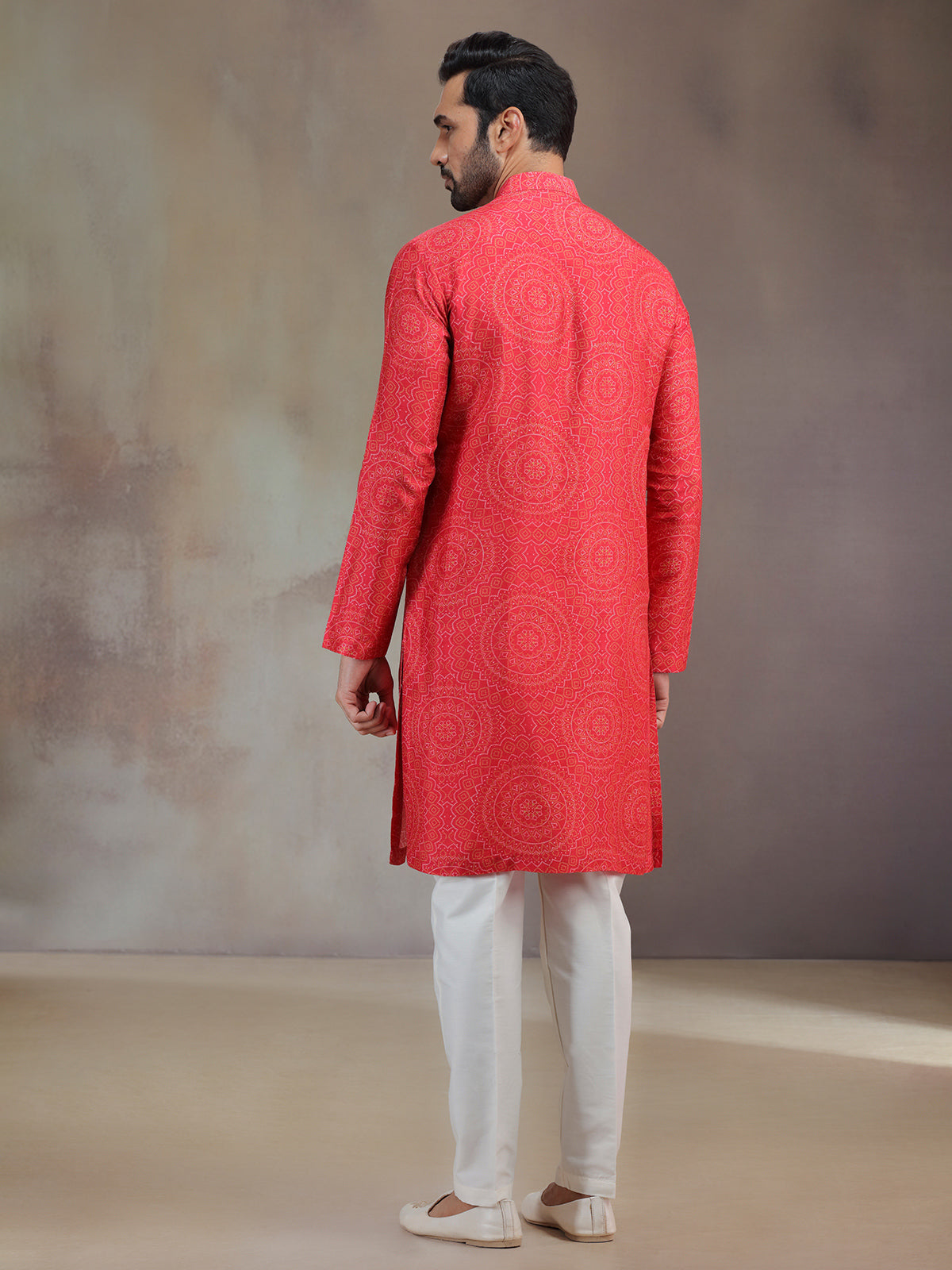 Hot pink printed silk kurta suit for men