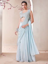 Ice-blue satin lehenga choli