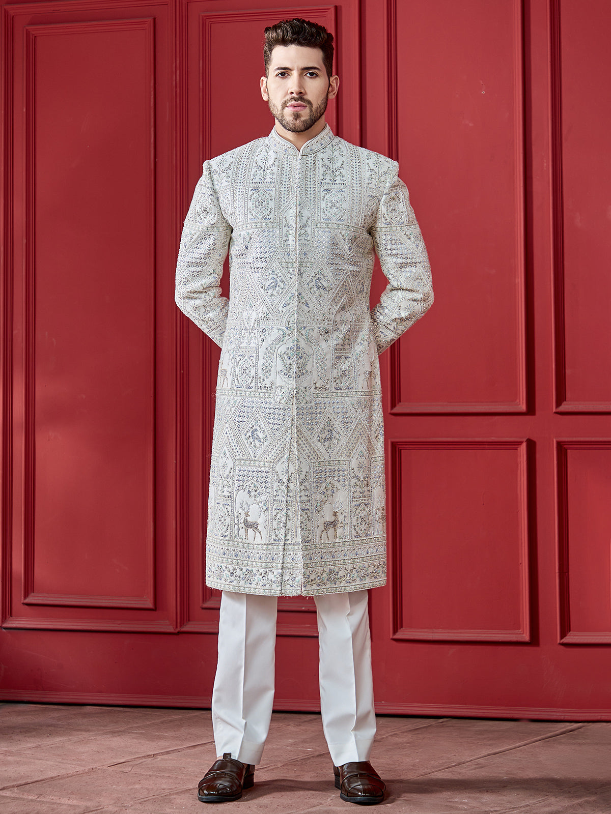 Ivory silk sherwani with chudidar