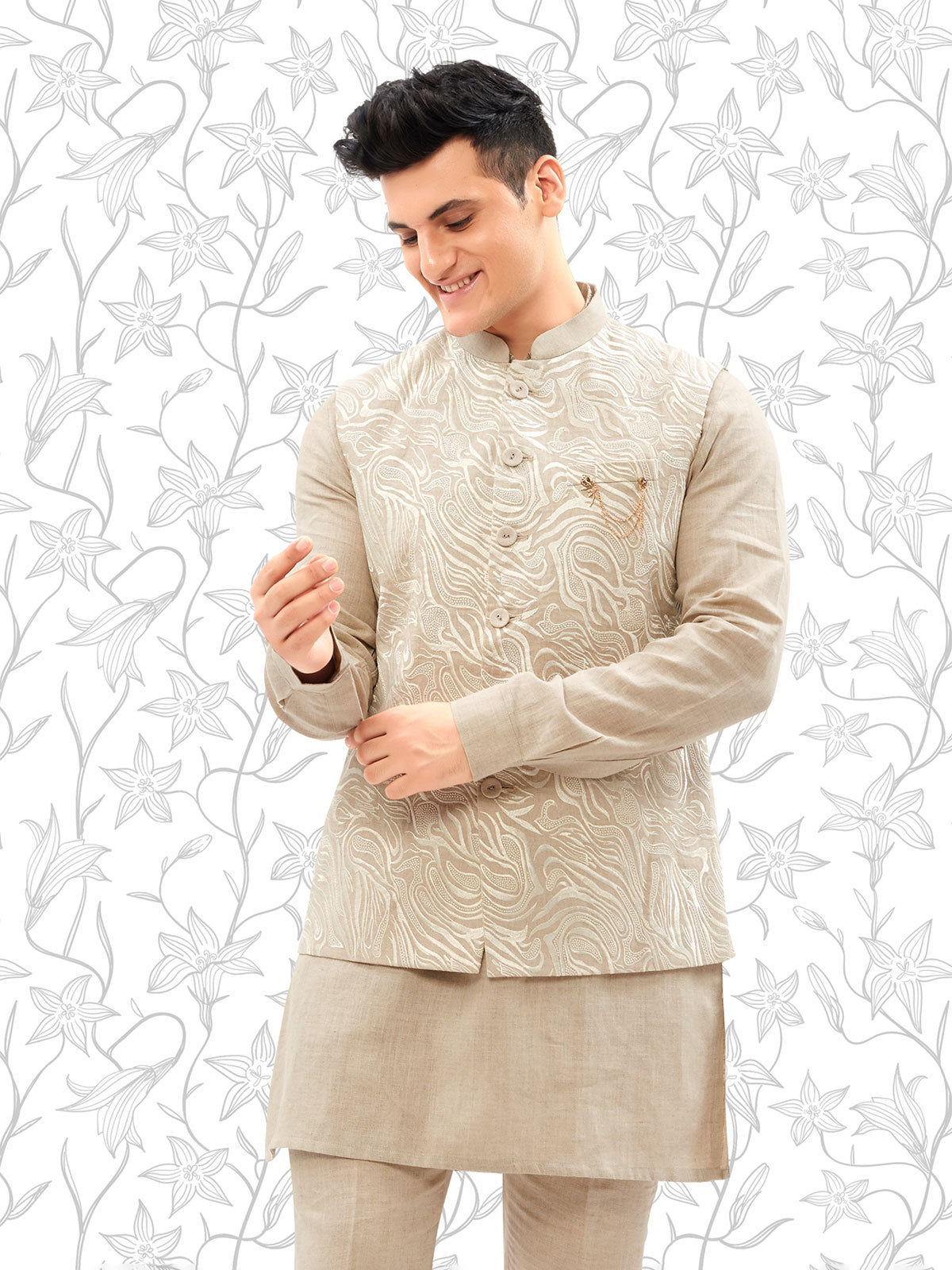 Khakhi cotton embroidery waistcoat set for men