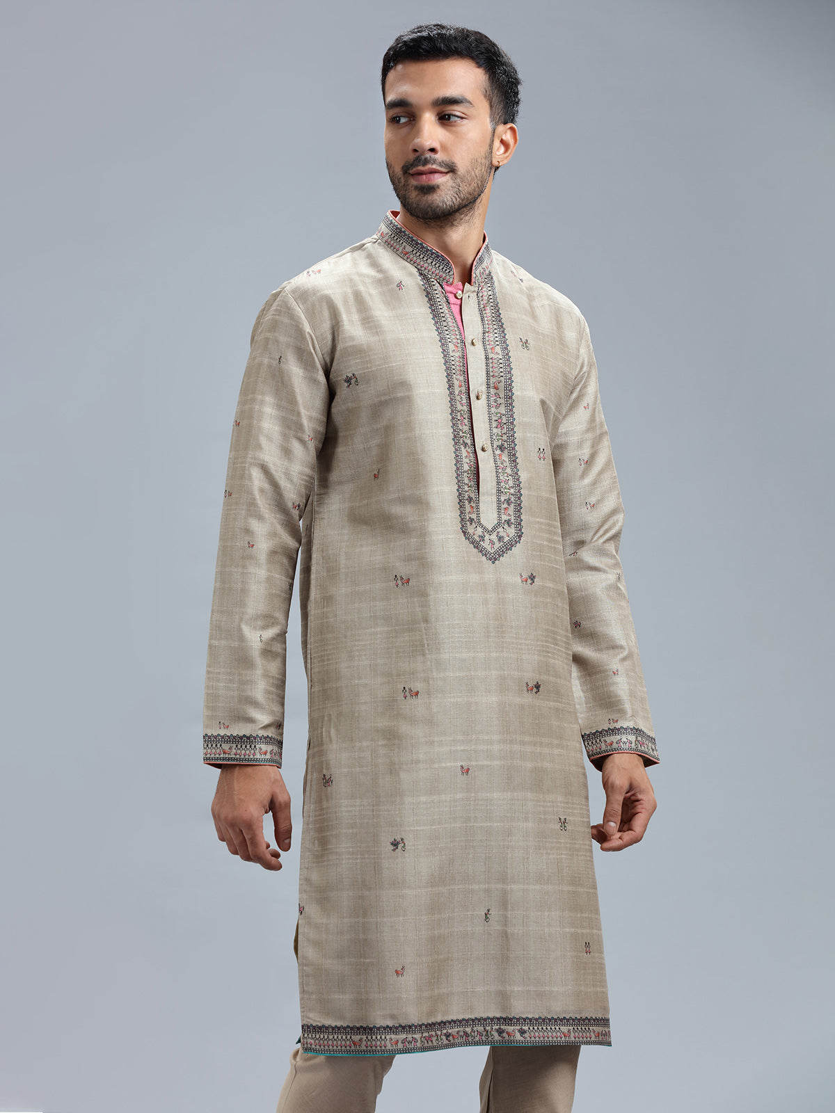 Khakhi printed cotton silk kurta pajama for men