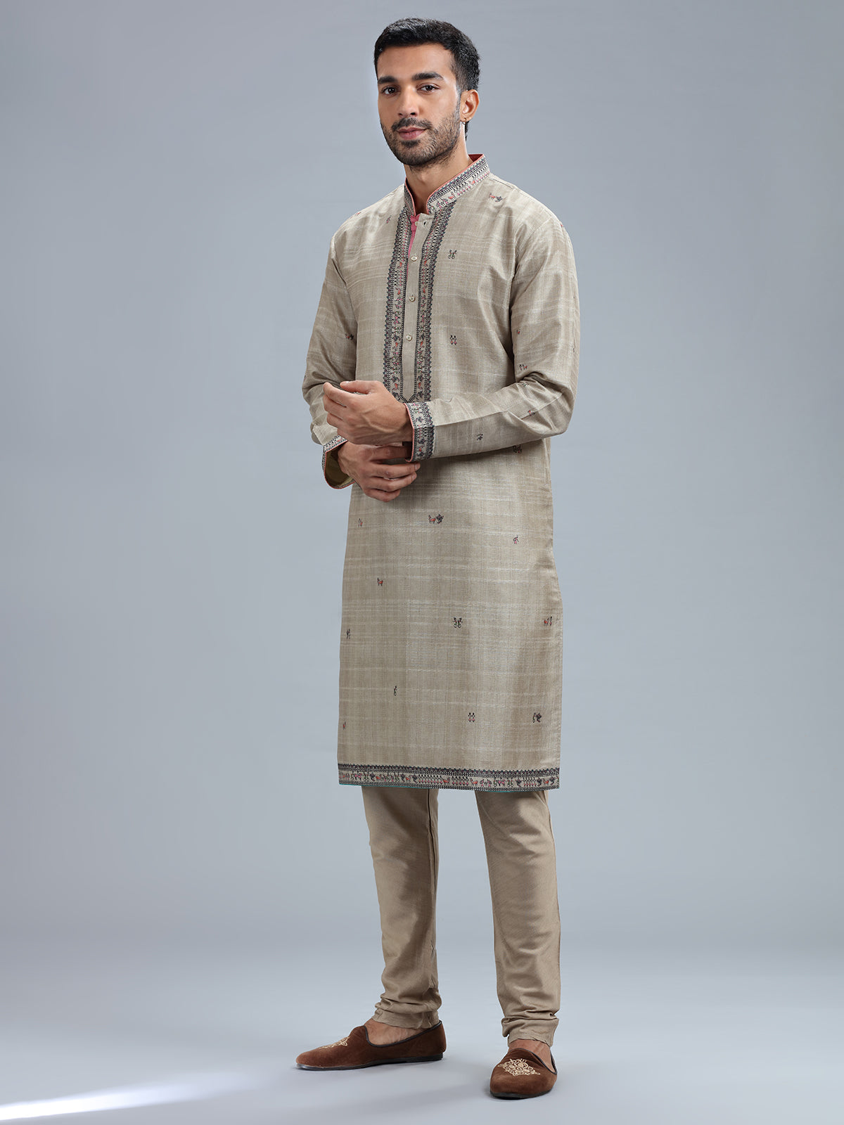 Khakhi printed cotton silk kurta pajama for men