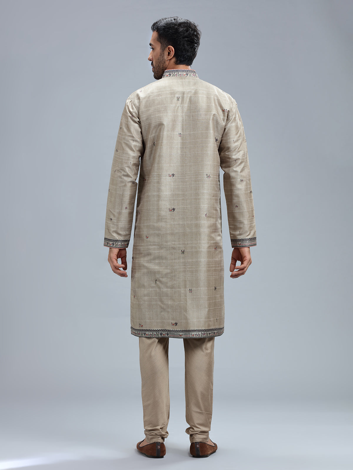 Khakhi printed cotton silk kurta pajama for men