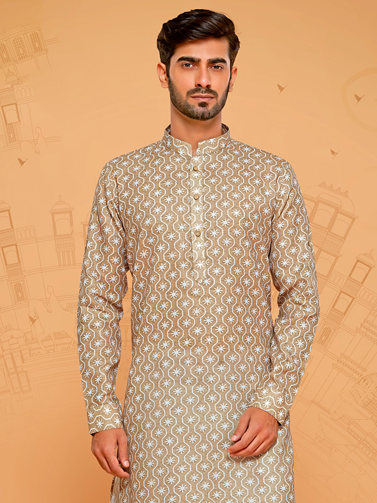 Khaki colour ethnic style printed kurta suit for men