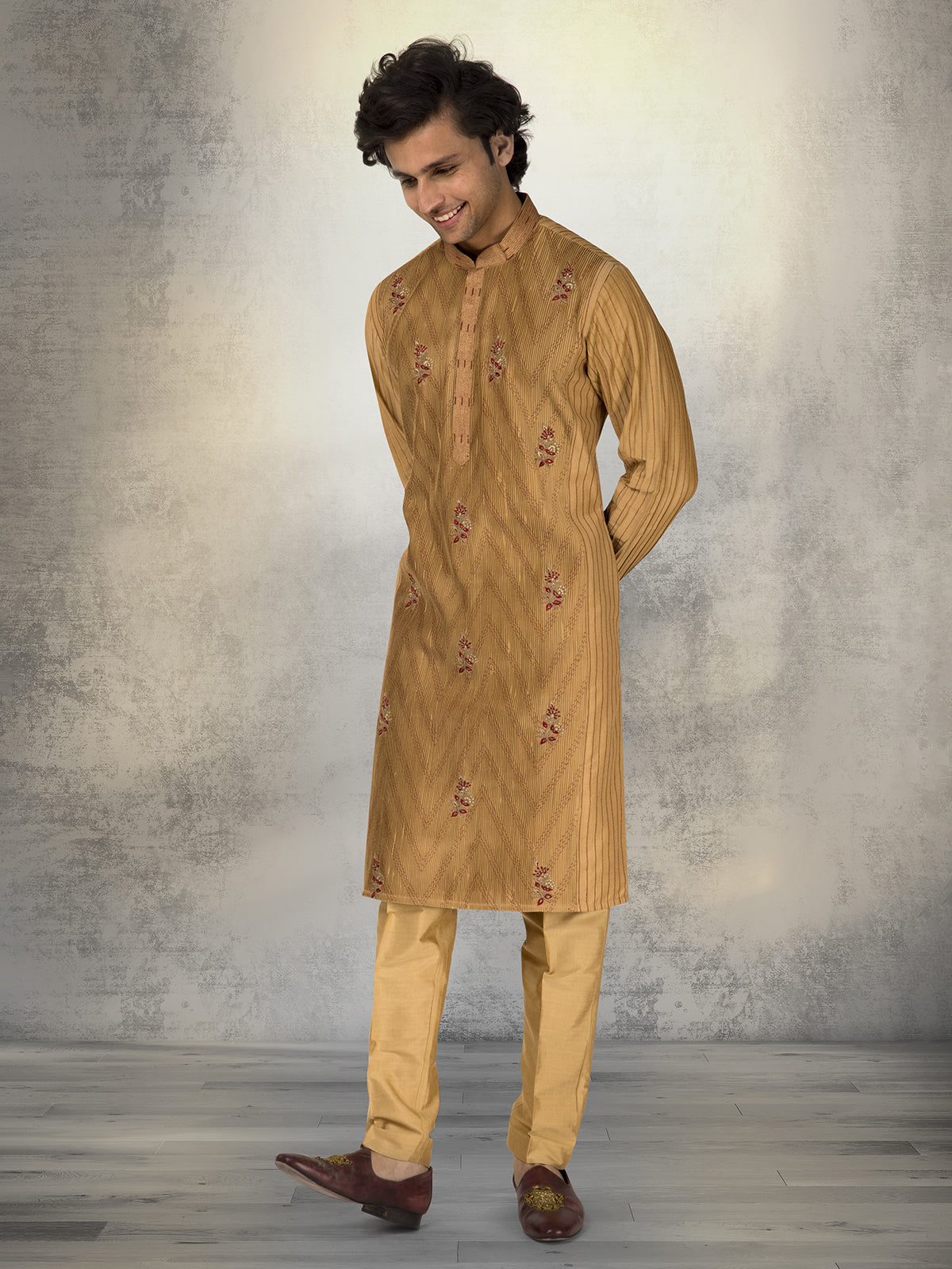 Khaki silk embroidered and resham kurta suit for festive