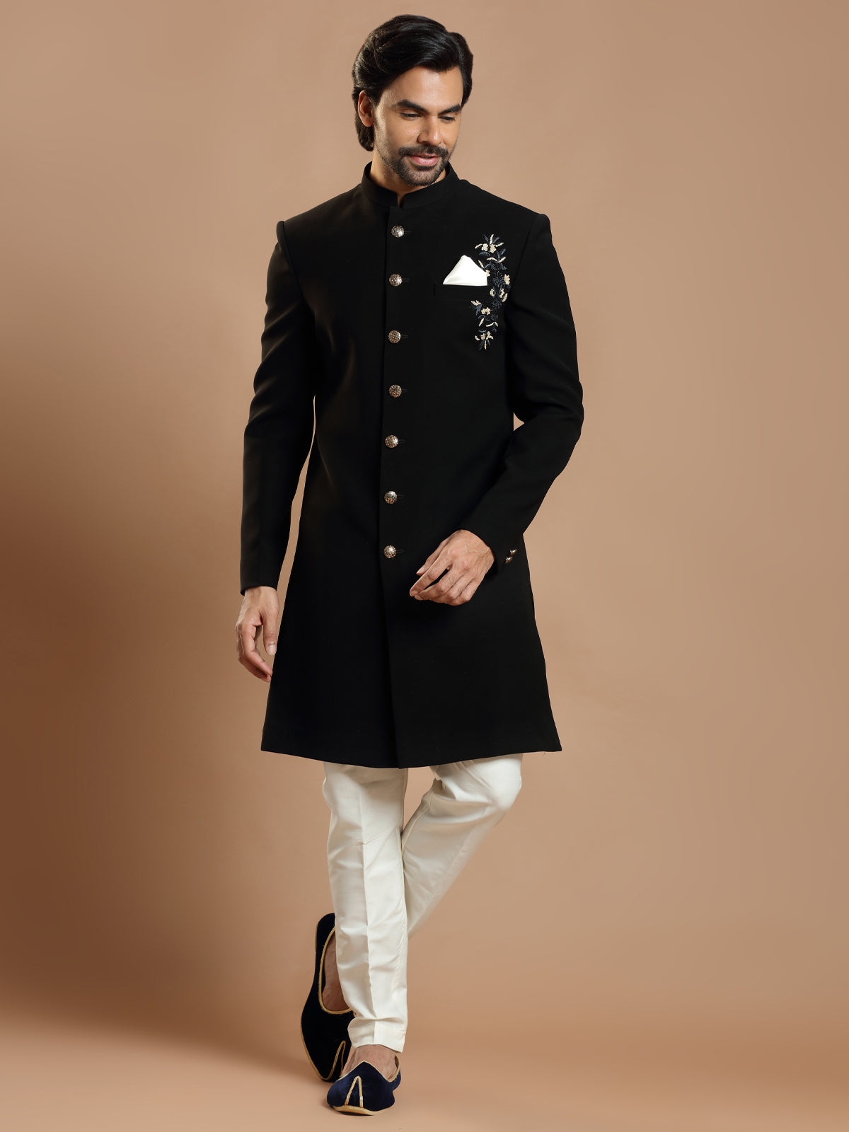 Latest black terry rayon wedding wear indowestern for mens