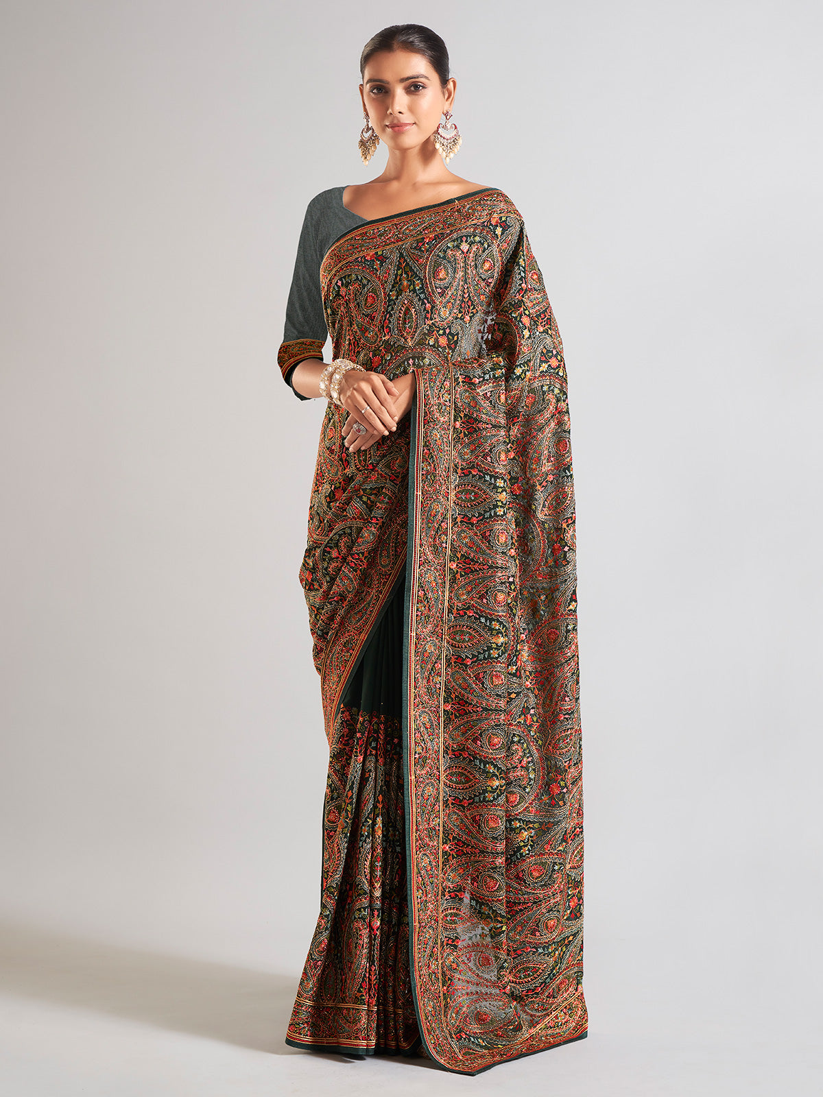 Latest bottle green georgette saree
