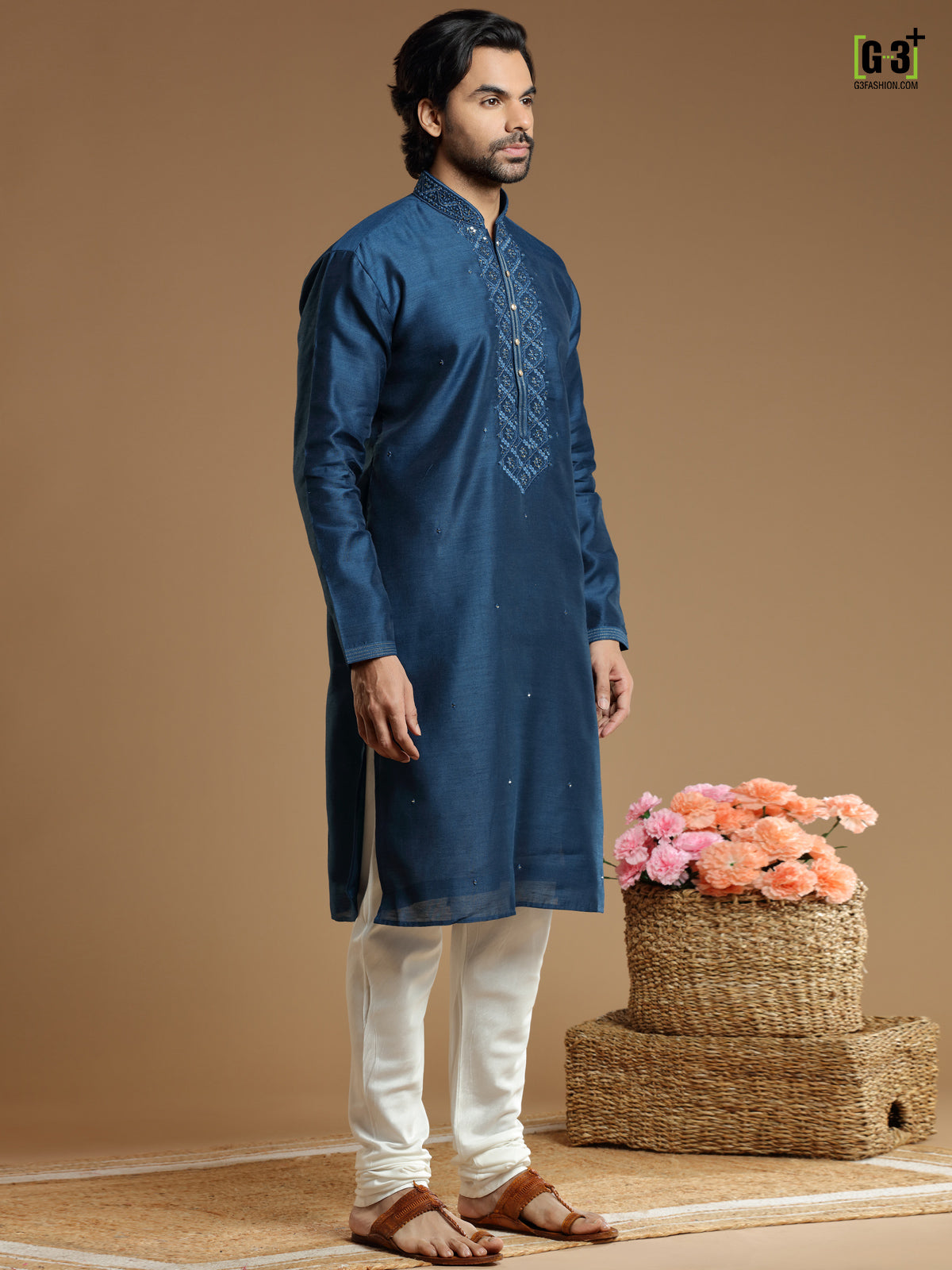 Latest dark blue kurta suit in silk fabric