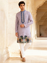 Lavender purple cotton silk daman printed kurta suit