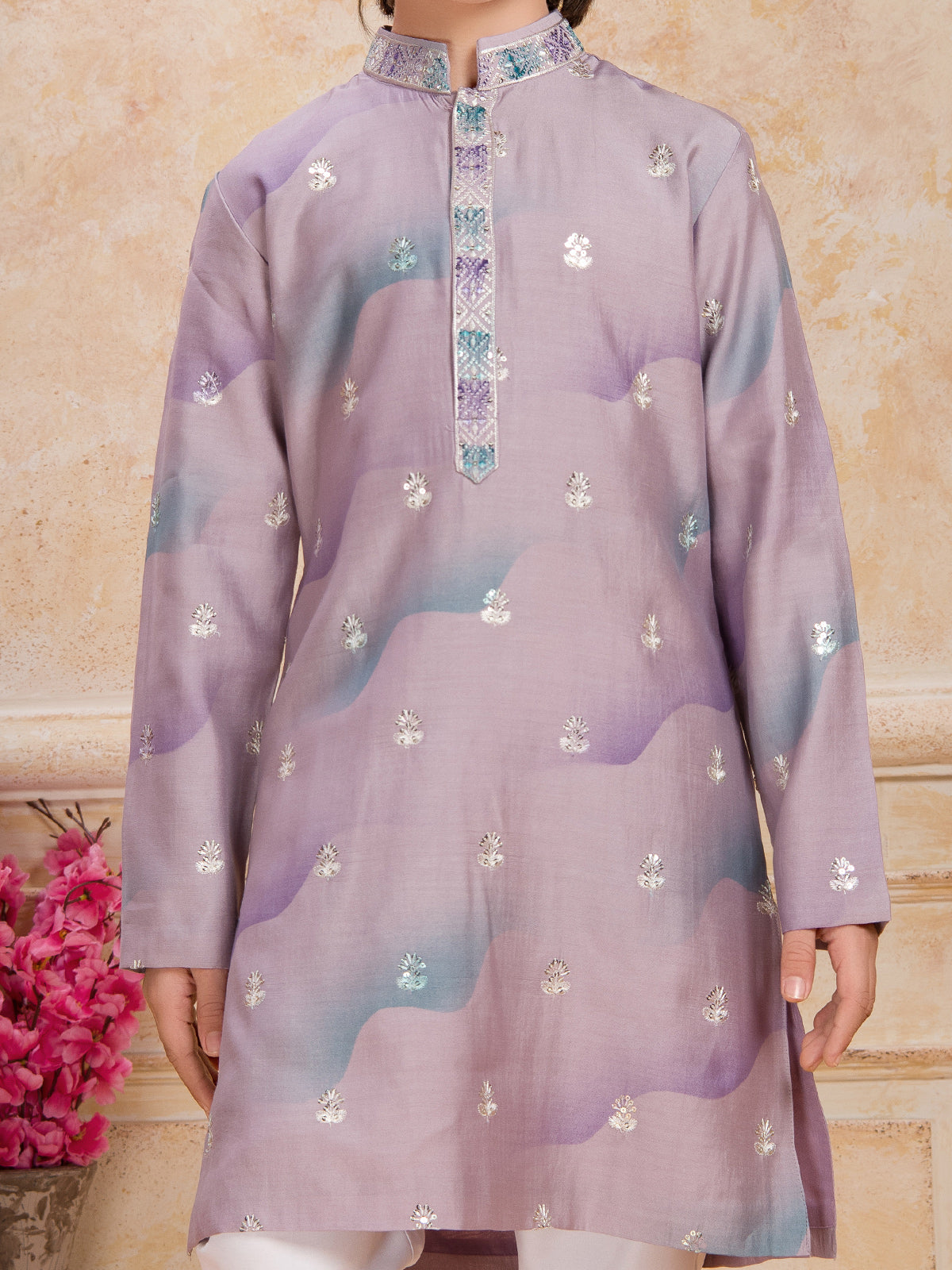 Lavender purple sequins printed cotton silk kurta suit
