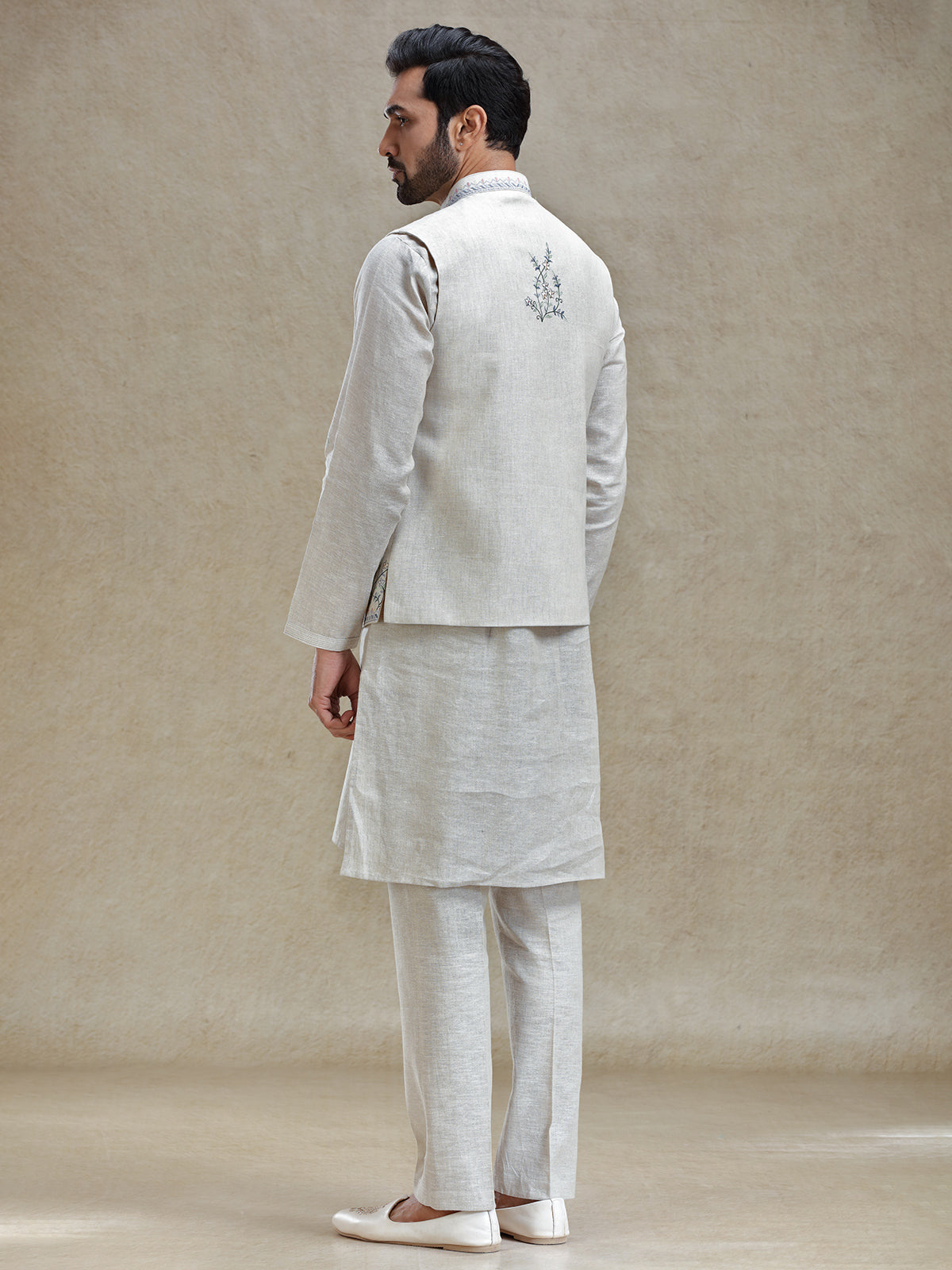Light beige linen fabricated kurta jacket set