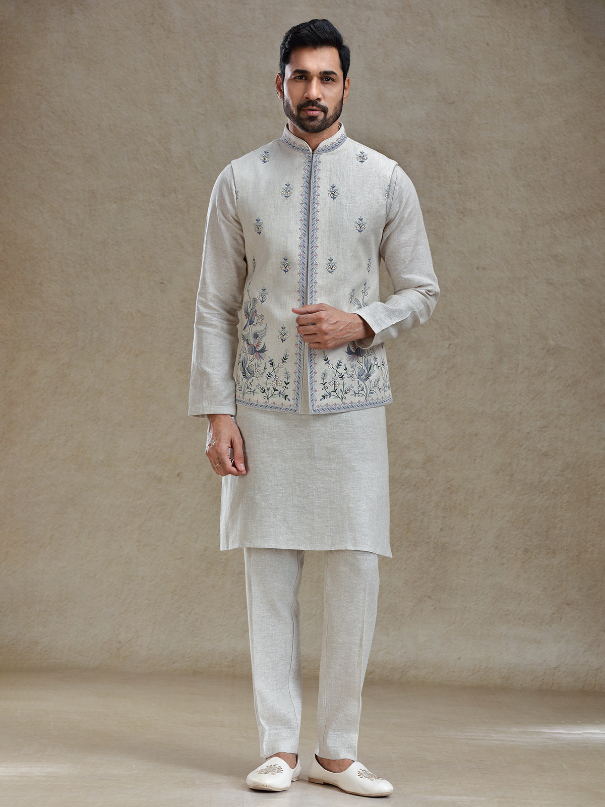 Light beige linen fabricated kurta jacket set