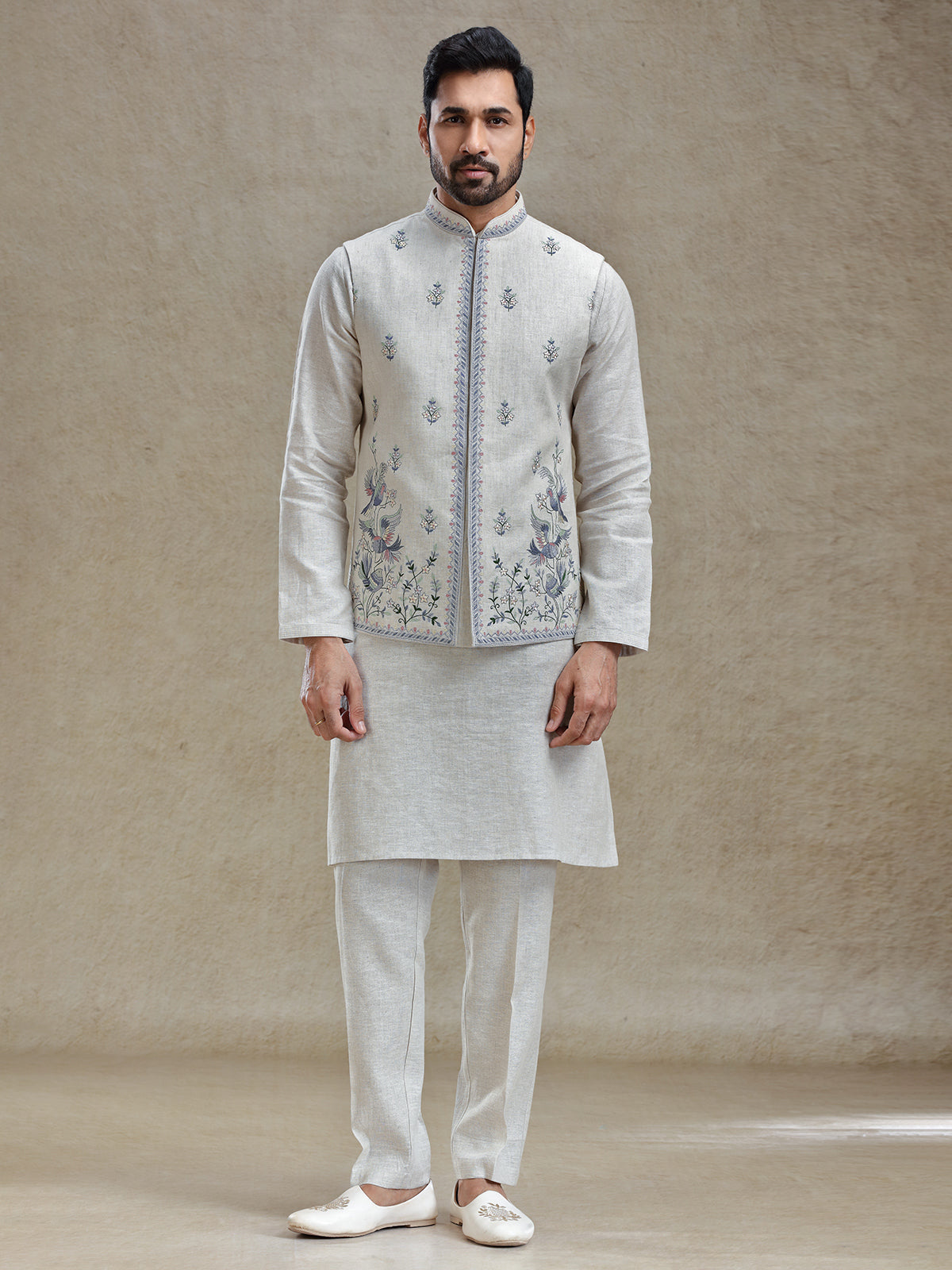 Light beige linen fabricated kurta jacket set