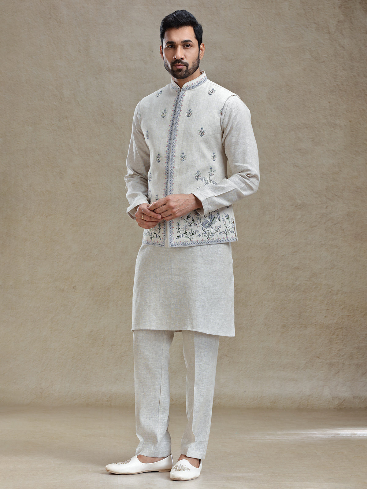 Light beige linen fabricated kurta jacket set