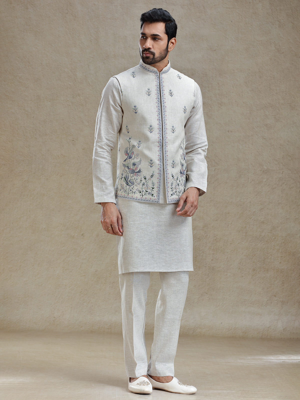 Light beige linen fabricated kurta jacket set