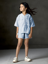 Light blue cotton silk V neck co-ord set for girls