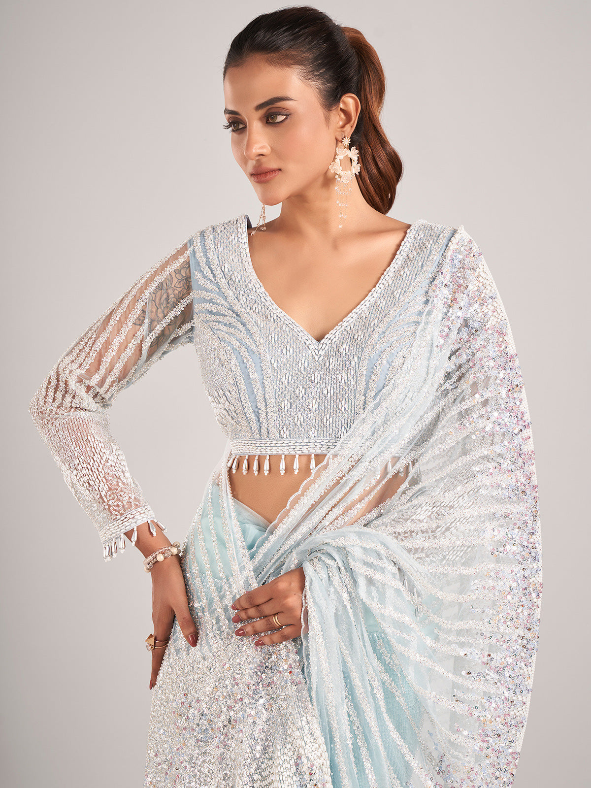 Light blue net with designer saree