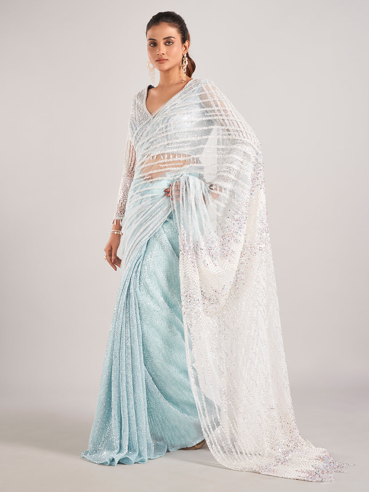 Light blue net with designer saree
