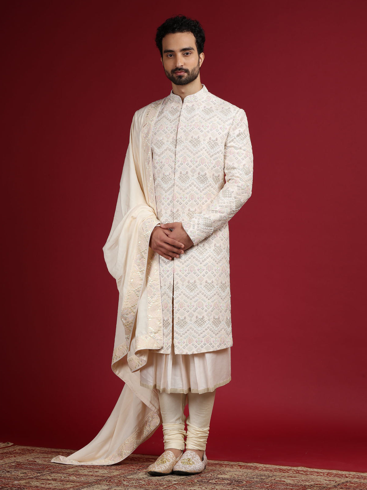 Light pink embroidery sherwani in raw silk