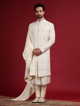 Light pink embroidery sherwani in raw silk