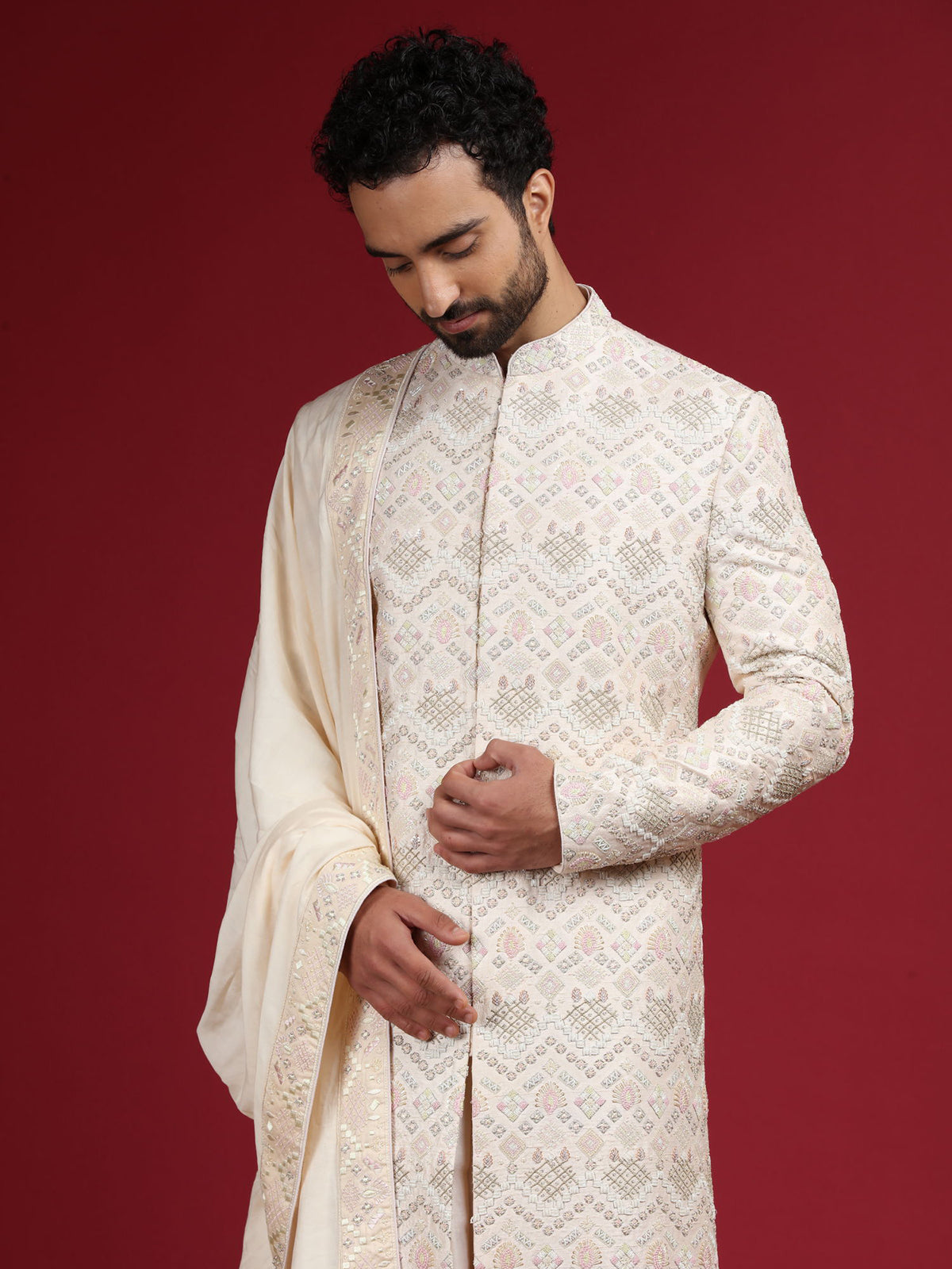 Light pink embroidery sherwani in raw silk