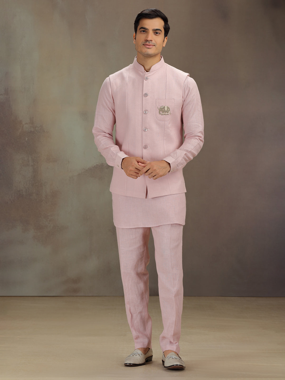 Light pink linen waistcoat set for men