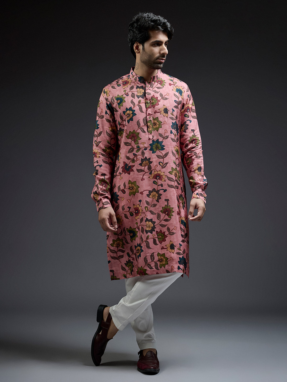 Light pink silk kurta suit in pataudi print for men