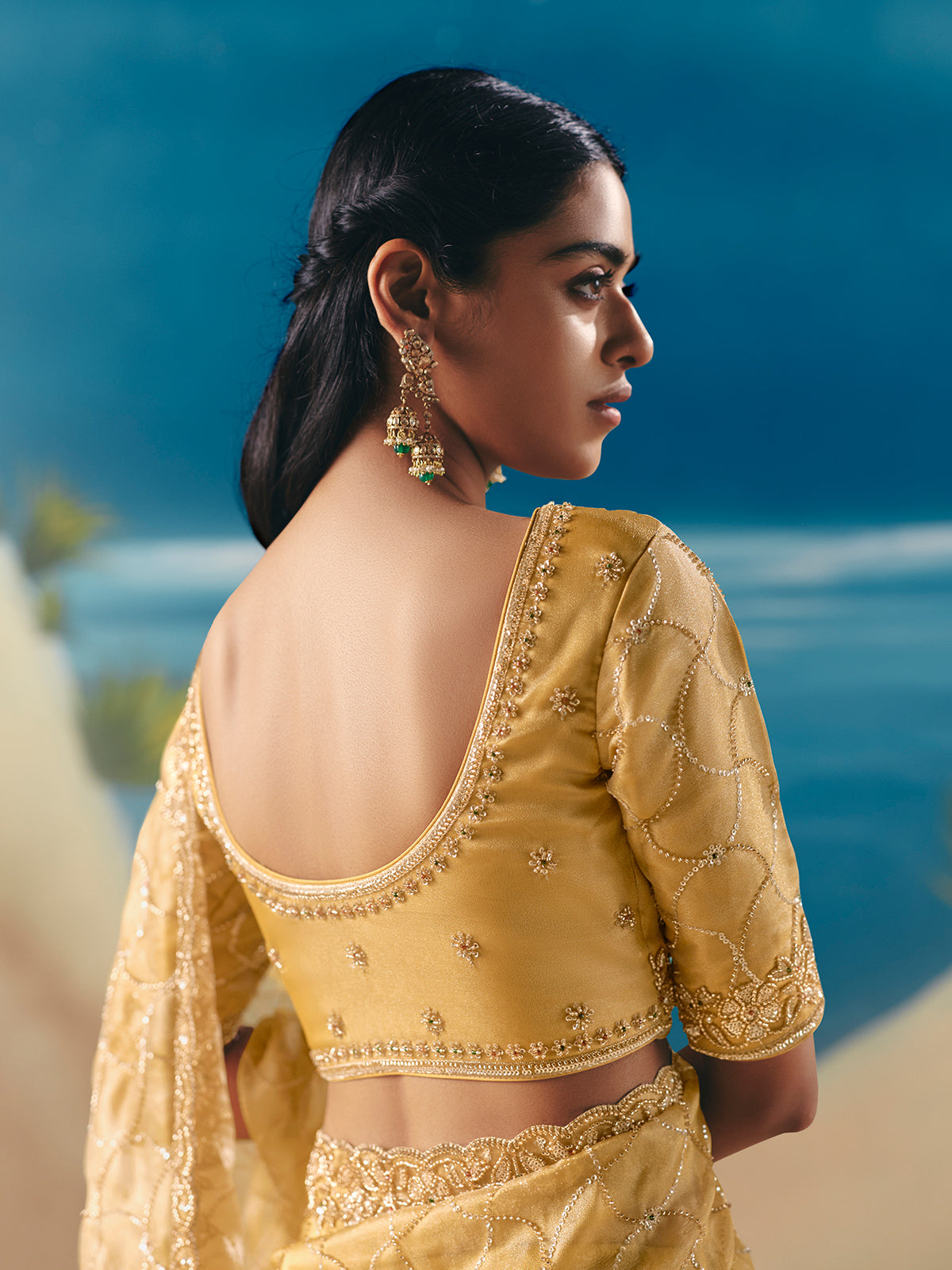 Light yellow satin organza festive saree