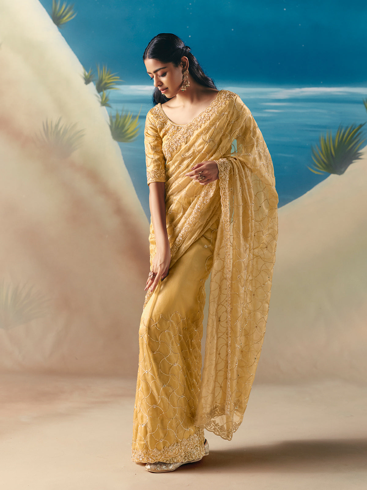 Light yellow satin organza festive saree