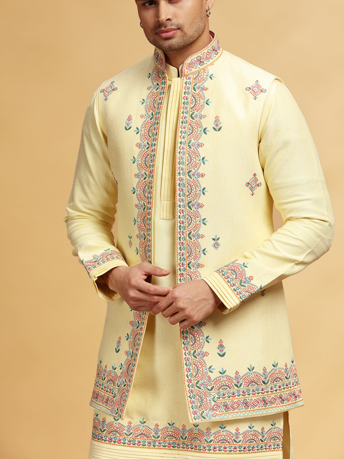 Light yellow wedding wear waistcoat set in silk